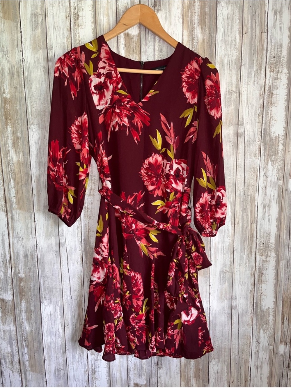 WHBM Dahlia Port Floral Godet Dress 3/4 Sleeve Tie Waist NWT Size 4 - Picture 2 of 7